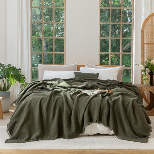 MooMee 100% Cotton Muslin Blanket, Fringed 4-Layer Gauze Bed Throw Blankets | Soft Breathable Lightweight Thin Coverlet Summer Blankets for Adults, Bed & Couch All Seasons, Olive Green, 98" x 98" - color: Olive Green, size: Oversize Queen