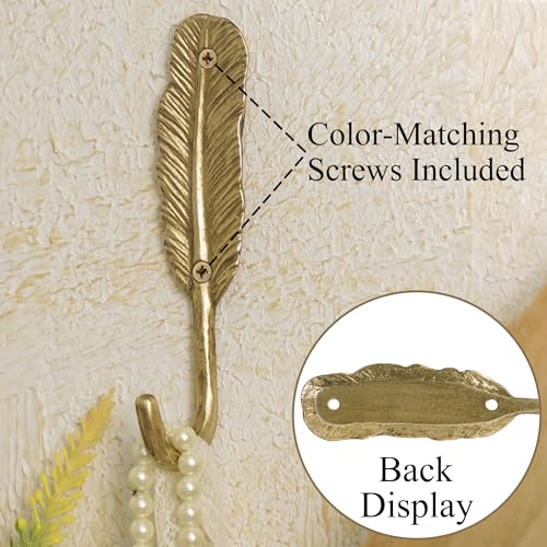 SOFFEE DESIGN 2PCS Golden Feather Metal Hooks, Wall Hangers for Coats & Jewelry, Delicate Bathroom Vanity Organizer - color: Gold
