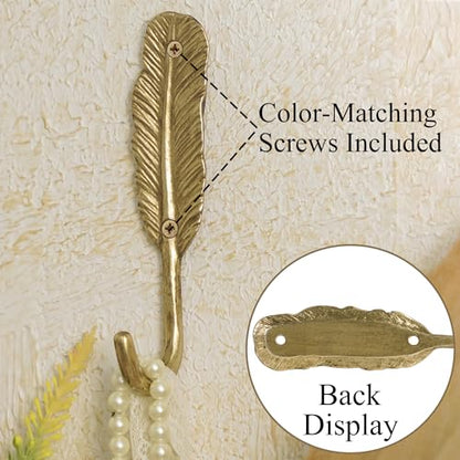 SOFFEE DESIGN 2PCS Golden Feather Metal Hooks, Wall Hangers for Coats & Jewelry, Delicate Bathroom Vanity Organizer - color: Gold