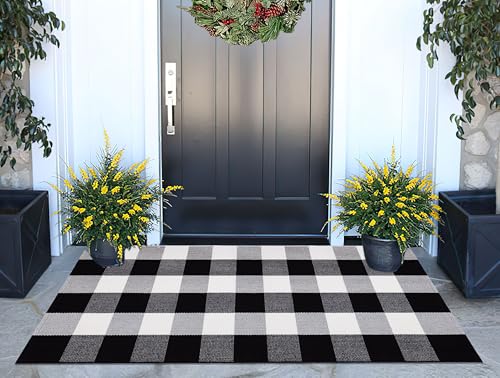 Buffalo Plaid Front Porch Rug 24"x51"Washable Farmhouse Outdoor Rug | Cotton Woven Layered Doormat Farmhouse Door Mats Outdoor For Front Decor - color: Black Buffalo, size: 24''x 51''