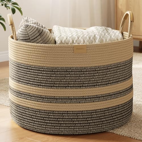 Nunsino 72L Woven Blanket Basket with Leather Handles, Cotton Rope Laundry Basket Hamper,Decorative Nursery Basket Toy Storage Basket for Kids, Living Room, Bedroom,Dark Brown Stripes - color: Dark Brown, size: 72L
