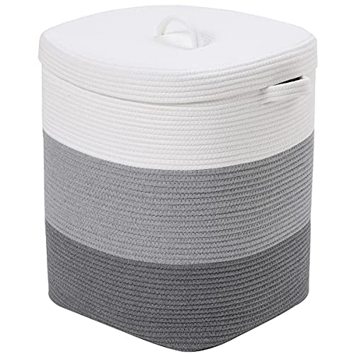 22x14x18 Inch Extra Large Rectangular Rope Basket with Lid, Decorative Blanket Storage Basket, Cotton Chest with Cover for Living Room Bedroom, Light Grey & Grey - color: Light Grey/Grey, size: 16 x 16 x 20 inches