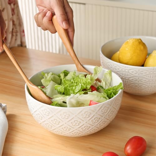 40 OZ Large Cereal Bowls Set of 4, Farmhouse Embossment Ceramic Salad Bowls for Soup, Serving, Fruit, Snack, Noodle, Ramen, Pho, Microwave & Dishwasher Safe, 6.7 Inch White - size: 6.7 INCH