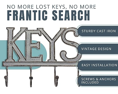 Comfify White Cast Iron Key Holder for Wall – Keys Sign with 4 Hooks | Clean white antique finish; mounting hardware included; entryway, hallway or door; 6"H x 8"L; holds 8 keychains - color: White