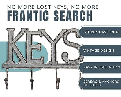 Comfify White Cast Iron Key Holder for Wall – Keys Sign with 4 Hooks | Clean white antique finish; mounting hardware included; entryway, hallway or door; 6"H x 8"L; holds 8 keychains - color: White