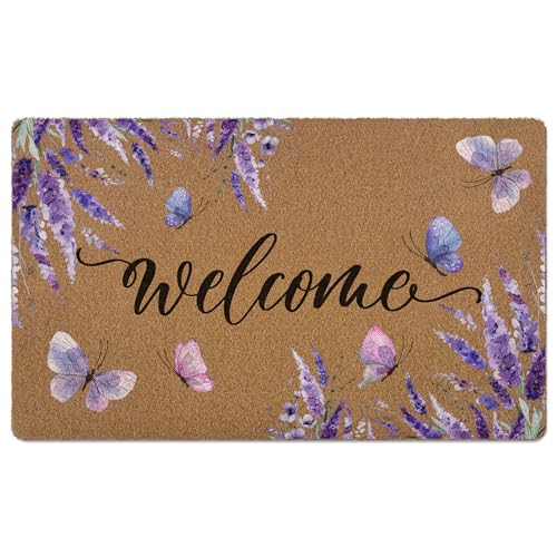 Lavender Floral Welcome Door Mat, Purple Cute Flower Butterfly Artificial Coir Front Door Mat Indoor Outdoor Entrance, Farmhouse Rustic Doormat Rug for Porch Entryway Patio Decor,17X30 Inch - color: Lavender