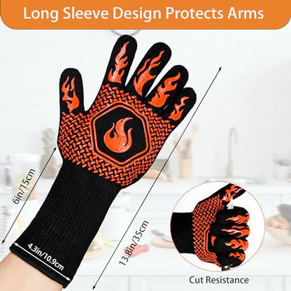 BBQ Fireproof Gloves, Grill Cut-Resistant Gloves 1472°F Heat Resistant Gloves, Non-Slip Silicone Oven Gloves, Kitchen Safe Cooking Gloves for Oven Mitts,Barbecue,Cooking, Frying,13.5 Inch-Orange | Grill Cut-Resistant 13.5in, Oven Kitchen Safe for Barbecue