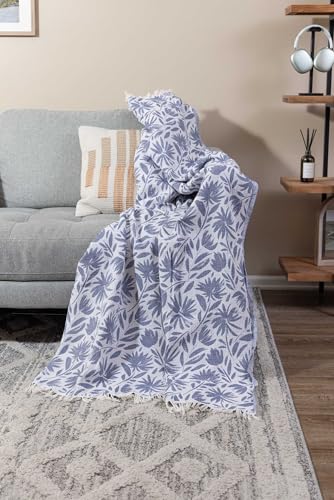 Flower Organic Cotton Turkish Throw Blanket, Muslin - Navy | Thin, Soft, Lightweight, Breathable Gauze Weave, Blue and White Reversible Floral Print, for Sofa, Chair, Couch, 65" x 65" - color: Navy Whimsy