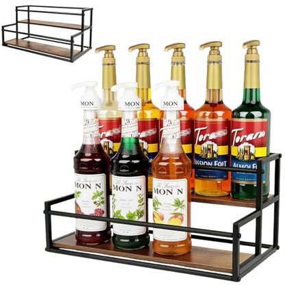 Coffee Syrup Rack Organizer -2 Tier 10 Syrup Bottles Holder Stand for Coffee Bar Kitchen Countertop,Stepped Display Shelf for Spices, Jars, Dressing Freestanding Storage Shelves Rustic Small Wine Rack