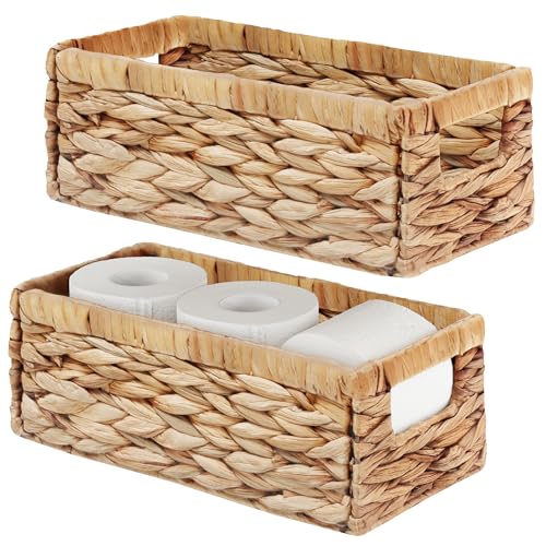 Water Hyacinth Storage Basket Wicker Baskets for Organizing with Handles Decorative Storage Bins for Countertop Toilet Paper Basket for Toilet Tank Top Small Baskets (11.4x6.1x4.6 in, 2 Pack) - color: Water Hyacinth, size: 11.2"D x 6.1"W x 4.8"H