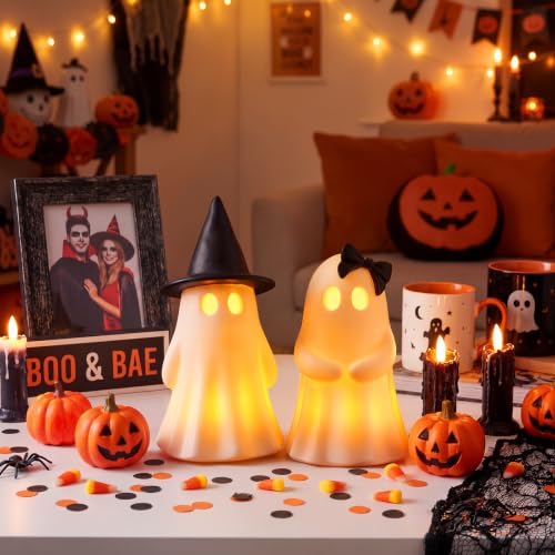 Fumete 2 Pcs Halloween Decorations - Spooky Resin Ghost Light up Cute Ghost Couple with Witch Hat and Black Bow, Halloween Indoor Figurines for Mantel, Shelf & Tabletop Home Party Decor - style: Couple Ghosts