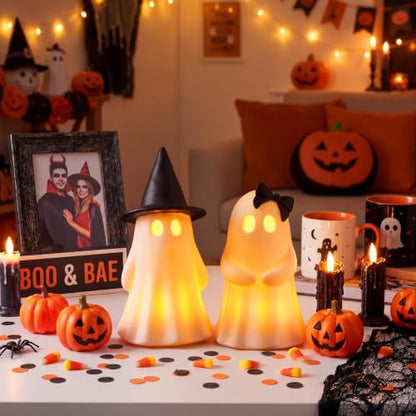 Fumete 2 Pcs Halloween Decorations - Spooky Resin Ghost Light up Cute Ghost Couple with Witch Hat and Black Bow, Halloween Indoor Figurines for Mantel, Shelf & Tabletop Home Party Decor - style: Couple Ghosts