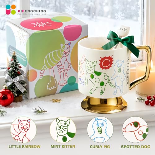 Christmas Mugs Whimsical Animal Ceramic fun Coffee Mug – 14oz Childlike Hand-Drawn Cat, Dog & Bear Design – Cute gothic Coffee Cup Gift for Women, Girls, Kids (white) - color: White