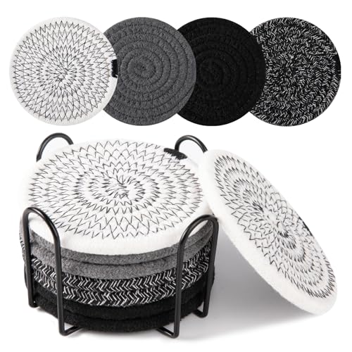 OIAHOMY 8 Pcs Coasters with Holder for Beer, Coffee, Woven Cotton Coaster Set for Table Decor for Kitchen, Bar, Dining Room, Living Room, Housewarming Gifts - Black - color: Black