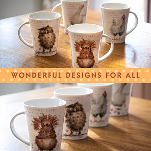 SPOTTED DOG GIFT COMPANY Animal Coffee Mugs Set of 4, 12.2 oz Ceramic Mugs & Tea Cups with Owl Squirrel Chicken Goose Designs, Microwave & Dishwasher Safe, Animal Lover Gifts for Women & Men