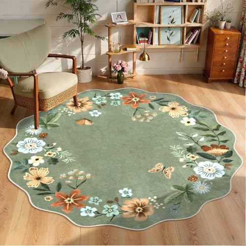 Lahome Floral Washable Round Area Rug, Soft Round Rugs 6ft Ultra-Thin Non-Slip, Boho Large Circle Carpet for Bedroom Living Room Kitchen Nursery, Green - color: Green, size: 6'(Round)