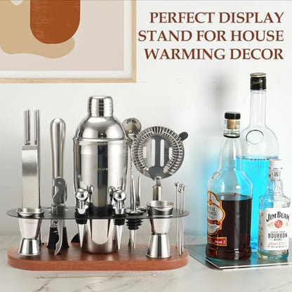 23-Piece Cocktail Shaker Set with Stand, 304 SS, Bartender Kit Gift | Complete Home Bar Set: Leak-proof Shaker, Jigger, Muddler, 18/8 Steel, Gift for beginners, cocktail lovers & house parties - color: brown-y