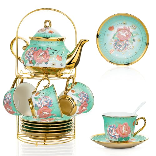 20 Pieces Porcelain Tea Set With Metal Holder, European Ceramic tea set for adults,Flower Tea Set,Tea Set For Women With Flower Painting (Large version, Green) - color: Green