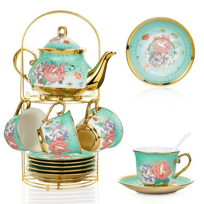 20 Pieces Porcelain Tea Set With Metal Holder, European Ceramic tea set for adults,Flower Tea Set,Tea Set For Women With Flower Painting (Large version, Green) - color: Green