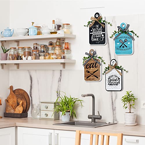 4 Pcs Wooden Kitchen Sign Rustic Kitchen Wall Decor | 3.5 x 5.9 Inch, Farmhouse Cutting Board Eat Sign Decor, Wood Wall Art Hanging Plaques for Home Dining Living Room Cafe