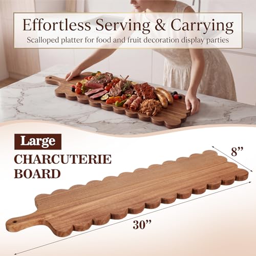 30"x 8" Long Scalloped Charcuterie Board Large Acacia Wooden Cheese Board with Handle & Rope Hanger Decorative Serving Platter for Snacks Appetizers, Housewarming & Entertaining Gift - size: 30"x8"