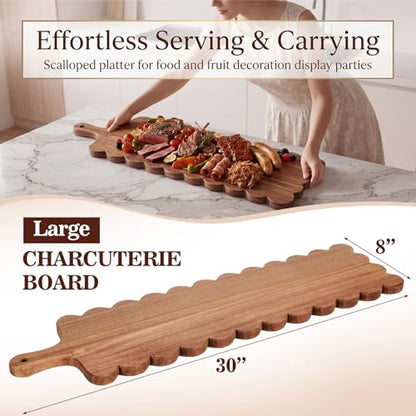30"x 8" Long Scalloped Charcuterie Board Large Acacia Wooden Cheese Board with Handle & Rope Hanger Decorative Serving Platter for Snacks Appetizers, Housewarming & Entertaining Gift - size: 30"x8"