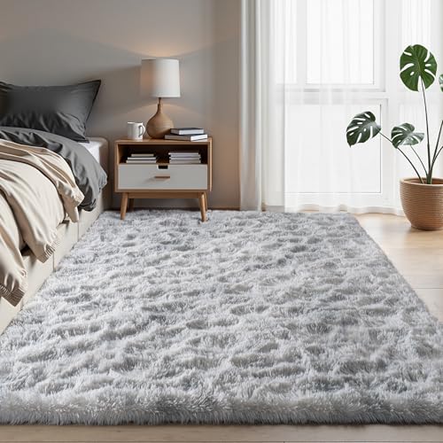 Zentavio Area Rugs for Living Room Small Carpet for Bedroom 3x5 Bedside Washable Soft Fluffy Shag Aesthetic Plush High Pile Throw Rug for Nursery Kids Room Dorm Room - color: Tie-dyed Grey White, size: 3' x 5' (Rectangular)