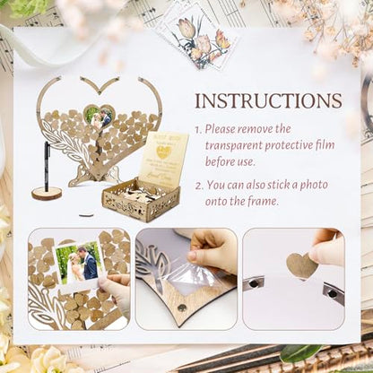 Wedding Guest Book Alternative, Rustic Heart Shaped Wooden Guest Book with 100 Wooden Hearts Tree for Wedding Party Birthday, Personalized Wedding Decor with Guest Sign-In Box & Heart Frame for Photo