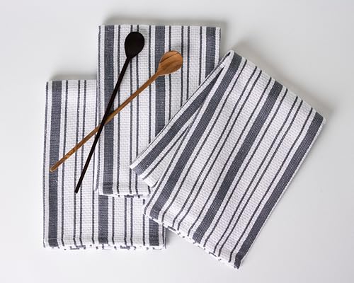 Kitchen Towels Set – Pack of 3 (20’’ x 30’’) Extra Large Premium Cotton Dish Towels for Kitchen – Basket Weave Towels – Absorbent – 100% Cotton – with Hanging Loop – Dark Grey - color: Dark Grey Multi Striped, size: Pack of 3