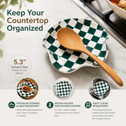 Miamolo Checkered Spoon Rest for Stove Top, Spoon Holder Keeps Area Cleaner | 5.3" Fits Cooking Ladles & Spatulas | Ceramic Heat-Resistant, Dishwasher Safe | Range, Kitchen Counter Use, Housewarming Gift - color: Green-White