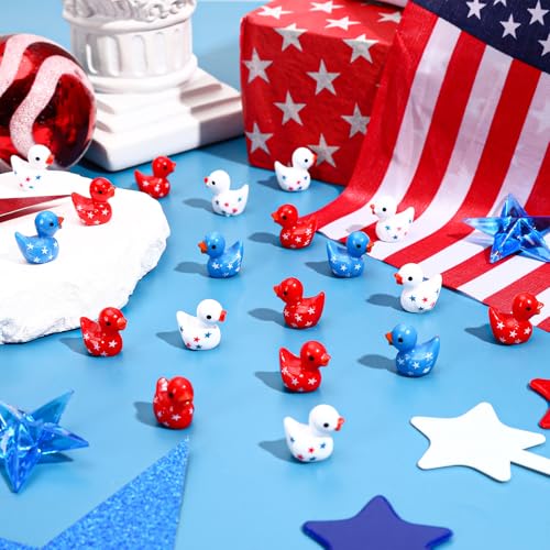 JUNEBRUSHS 50 Pcs Patriotic Ducks Mini Resin Duck 4th of July Tiny Ducks Red White Blue Miniature Ornaments for Vase Filler Jewelry Making DIY Crafts Party Gifts Decorations - style: Independence Style