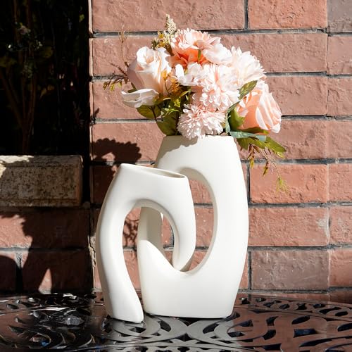 White Ceramic Vase Set of 2 with Champagne Faux Flowers