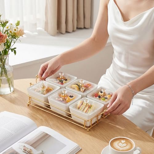 YA JU Ceramic Bowls and with Lid Gold Basket Trays, 6 Removable Small Bowls Condiment Trays Nut Serving Set for Snacks, Fruits, Candy and Condiments -Great for Parties, Holiday Gifts, White - color: White 6 Removable snack Bowls