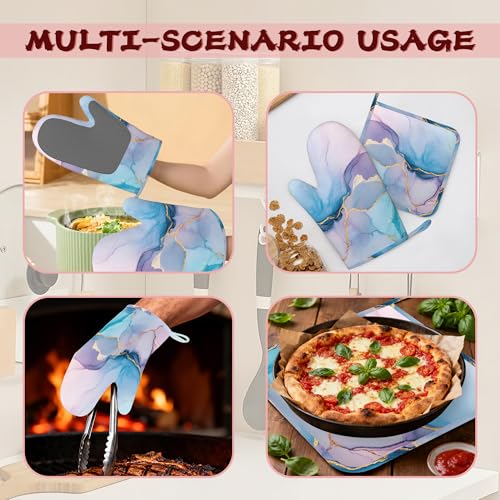 Golden Marble Pink Purple Blue Heat-Resistant Silicone Oven Mitts and Pot Holders,Long Oven Gloves with Non-Slip Grip for Cooking, Baking, Grilling,BBQ - color: Pink Purple Blue Golden Marble