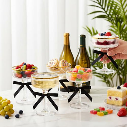 Set of 24 Plastic Champagne Coupe Glasses with Bow 7 oz Gold Champagne Tower Set Stackable Acrylic Ribbed Martini Glasses Cocktail Coupe Cup for Wedding Birthday Party Bar(Bowknot,Black) - color: Black, style: Bowknot