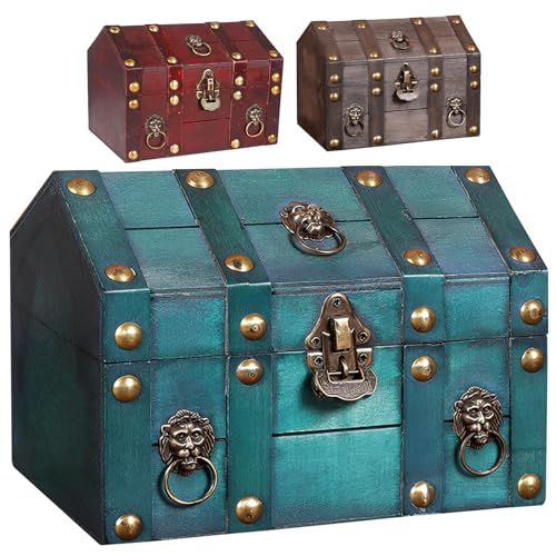 Large Vintage Wooden Treasure Chest Antique Box with Metal Lock | Wood Jewelry Box Storage Decorative Boxes Handmade Rectangle Organizer for Women Ring Necklace Earring Coins Collectibles - color: Green
