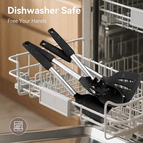 NCUE 35 Pcs Silicone Cooking Utensils Set BPA Free 446°F Heat Resistant | Stainless Steel Handles Kitchen Utensils Set, Thickened Heads Silicone Grips Nonstick Dishwasher Safe for Baking Housewarming - color: Black