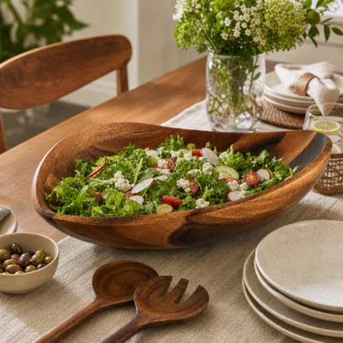 Arthur Court Wave Pattern Large Acacia Wood Salad Bowl - Modern Centerpiece for Fruits and Salads - 19 x 12 x 4 Inches - size: Wave