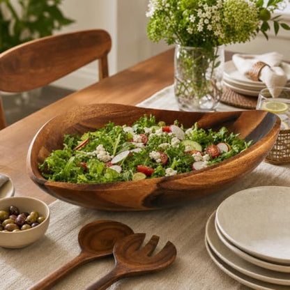 Arthur Court Wave Pattern Large Acacia Wood Salad Bowl - Modern Centerpiece for Fruits and Salads - 19 x 12 x 4 Inches - size: Wave