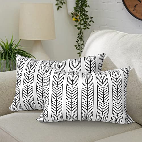 DYTXIII Pack of 2 Waterproof Outdoor Lumbar Pillow with Inserts, 12x20 in Rectangle Decorative Patio Throw Pillow for Home, Sofa,Bench and Patio Furniture, Herringbone Black White - color: Herringbone Black White, size: 12x20 Inch (With Inserts)