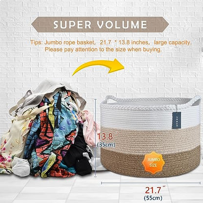 COMSE XXXLarge Woven Blanket & Laundry Basket, 87L, White & Gradient Brown | 21.7" x 13.8", Cotton Rope, Nursery Hamper for Storage of Toys Clothes Towels, Ideal for Living Room Bedroom Bathroom - color: White & Gradient Brown