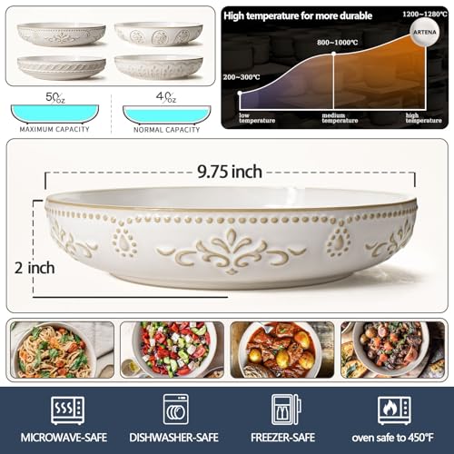 Pasta Bowls, 50oz Large Salad Serving Bowls, 9.75'' Plates Bowl Set of 4, Big White Ceramic Soup Bowl for Kitchen, Embossment Shallow Dinner Bowl, Microwave Dishwasher Safe, Damask Floral - color: White (Damask Floral)