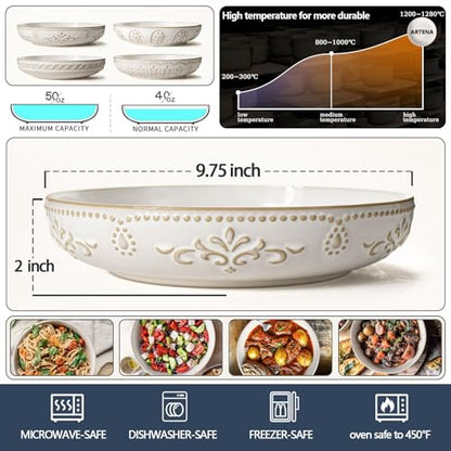 Pasta Bowls, 50oz Large Salad Serving Bowls, 9.75'' Plates Bowls Set of 4, Big White Ceramic Soup Bowls for Kitchen, Embossment Shallow Dinner Bowl, Microwave Dishwasher Safe, Multiple Patterns - color: White (Multiple Patterns)