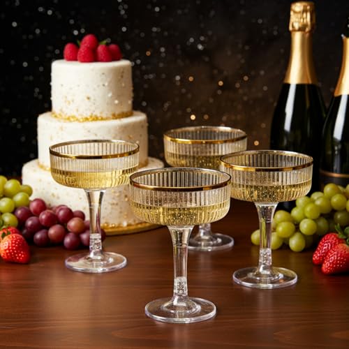 Set of 55 Champagne Tower 7 oz Plastic Champagne Coupe Glasses Set Stackable Plastic Ribbed Martini Glasses Unbreakable Acrylic Cocktail Coupe Cups for Wedding Birthday (Glitter,Gold) - color: Gold, size: Glitter