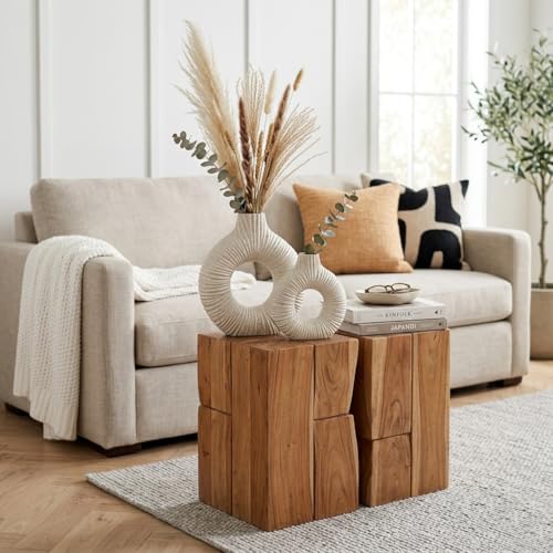 White Donut Vase with Stripes Texture, Modern Abstract Ceramic Vase for Flowers, Clay Pottery with Natural Speckles for Home Living Room Mantel Shelf & Office Table Decor, Boho Style & Set of 2 - style: Long-Neck
