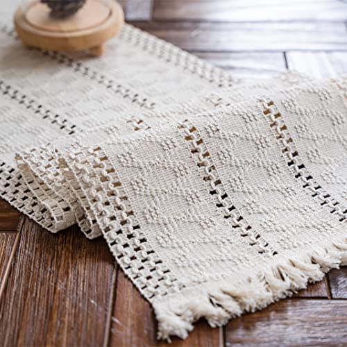 Macrame Table Runner Cream Beige Boho Table Runners with Tassels Hand Woven Cotton Table Runner Rustic Farmhouse Table Runners for Bohemian Kitchen Dining Table(12x71in) - size: 12"Wx71"L