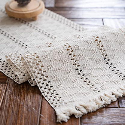Macrame Table Runner Cream Beige Boho Table Runners with Tassels Hand Woven Cotton Table Runner Rustic Farmhouse Table Runners for Bohemian Kitchen Dining Table(12x71in) - size: 12"Wx71"L
