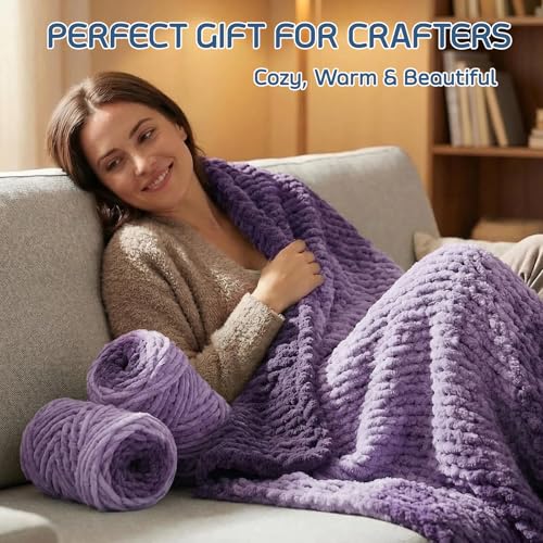 Beginner Chunky Yarn for Hand Knitting Ombre Blankets, Plush Chenille Fade | Long-fade ombre chenille chunky yarn - #7 Jumbo - 42oz/1200g - 81 Yards - Lavender Purple - color: Lavender Purple (0.8" Thick)