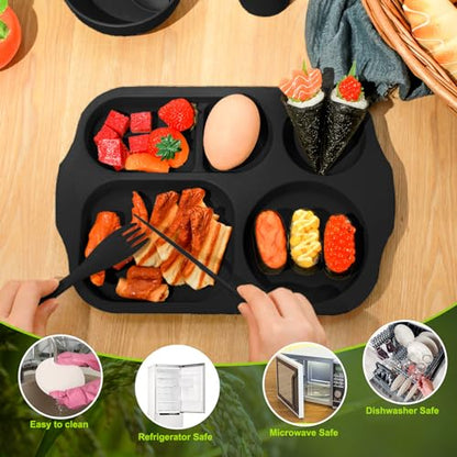 Honoson 24 Pcs Wheat Straw Dinnerware Cutlery Set, Service for 4, Unbreakable Plates and Bowls Set - Divided Plates, Bowls, Spoons, Forks & Knives, Microwave & Dishwasher Safe(Black) - color: Black