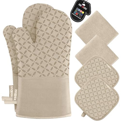 KEGOUU Oven Mitts and Pot Holders 6pcs Set, Kitchen Oven Glove High Heat Resistant 500 Degree Extra Long Oven Mitts and Potholder with Non-Slip Silicone Surface for Cooking (Almond) - color: Almond